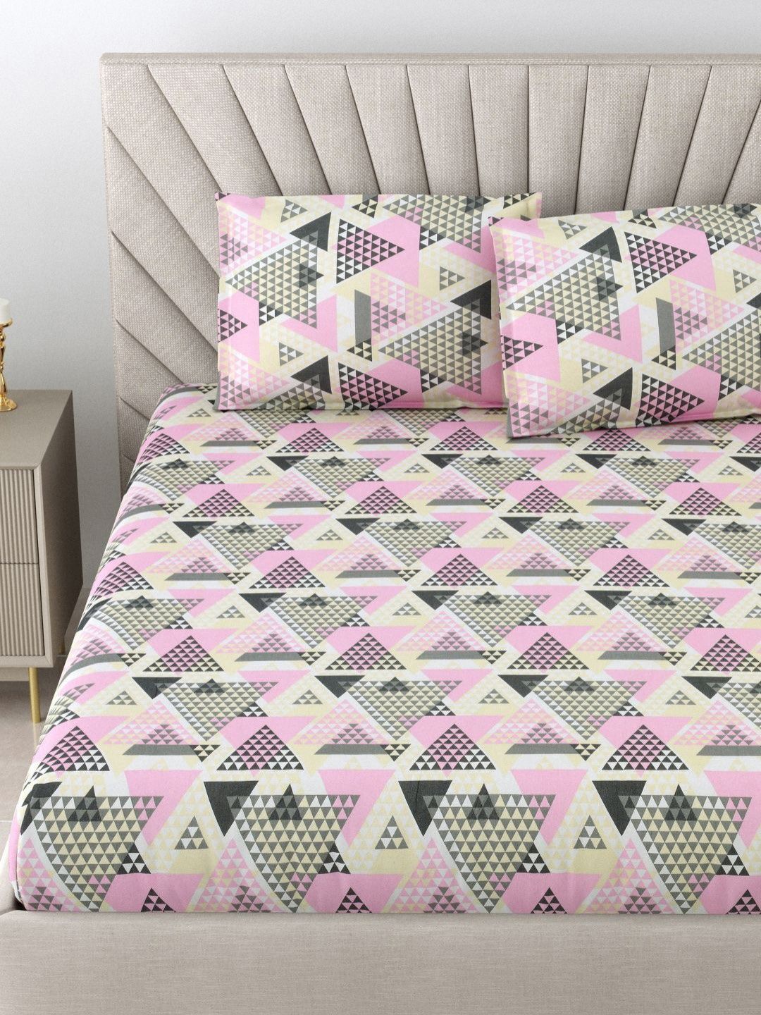 BOMBAY DYEING Epigram Grey Printed Pure Cotton 120 TC Queen Bedsheet Set 2.24 m X 2.54 m