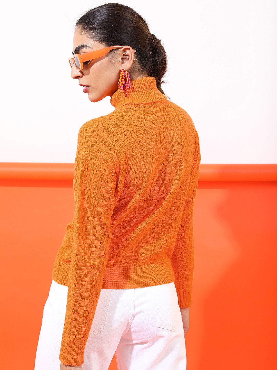 Tokyo Talkies Women Orange Self Design Pullover
