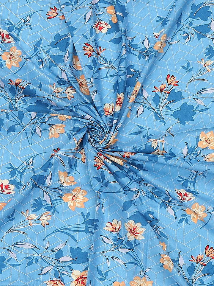 Monte Carlo Blue & Yellow Floral Printed Cotton 104 TC Single Bedsheet Set-2.24 m x 1.52 m