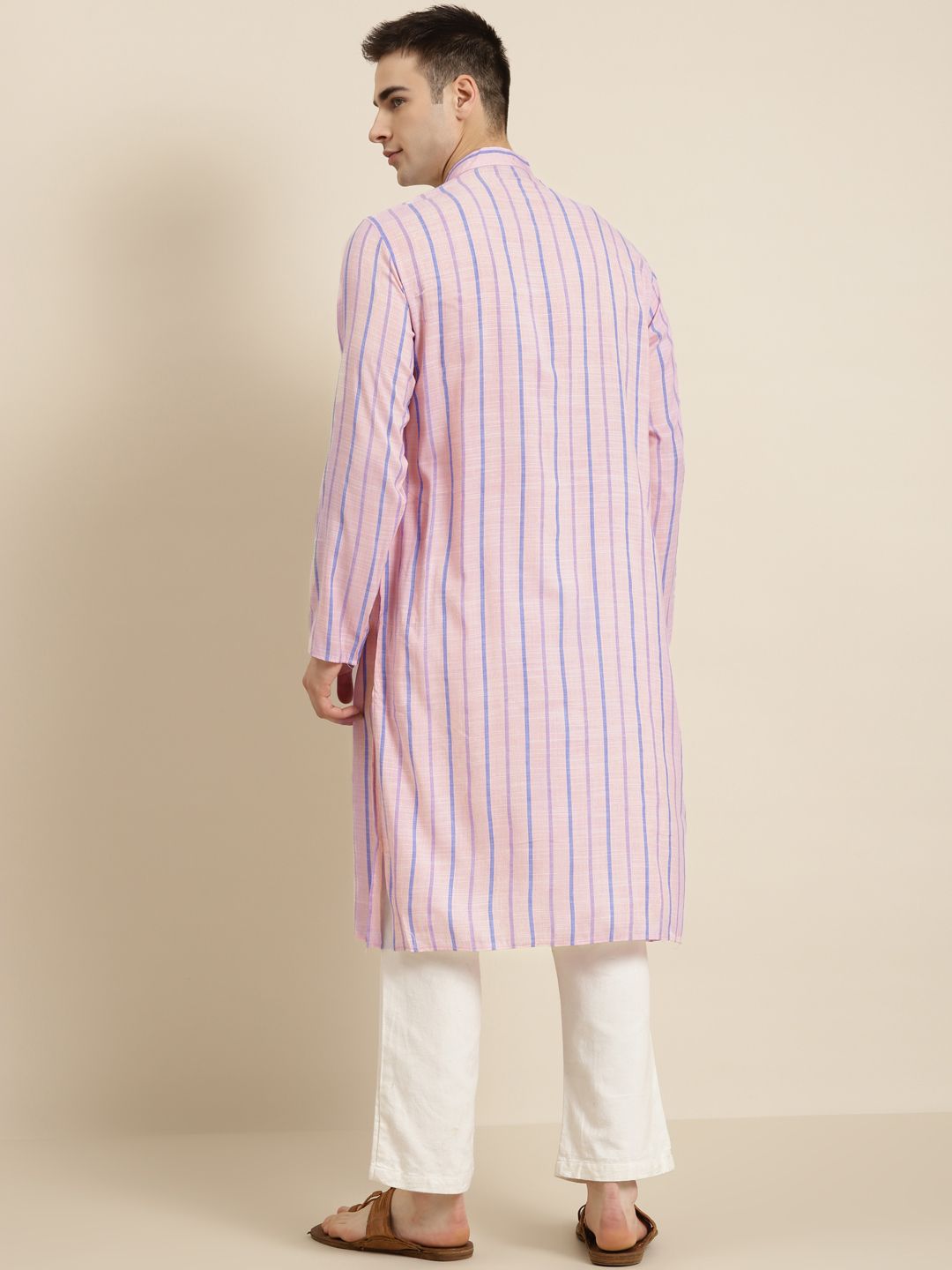 SOJANYA Men Pink & Blue Pure Cotton Striped Kurta