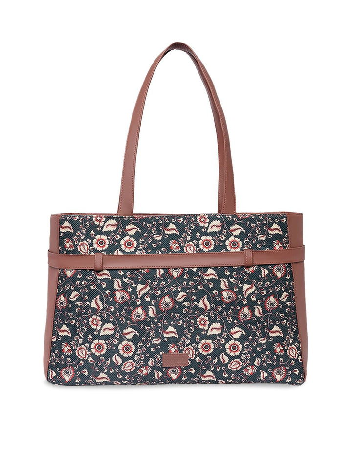 ZOUK Blue Floral Printed Structured Tote Bag