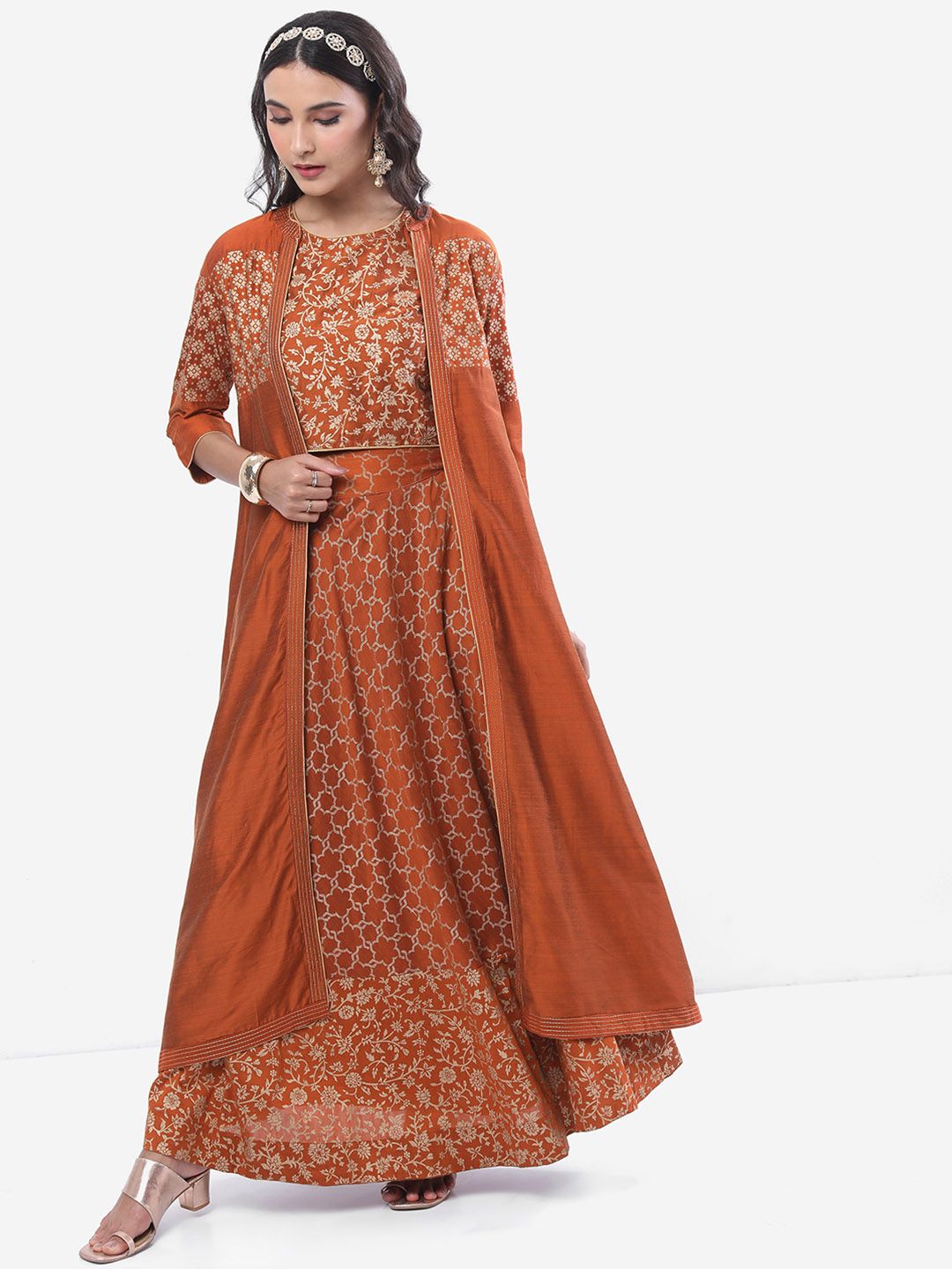 Vishudh Rust Ethnic Motifs Printed Ethnic Top with Skirt & Jacket