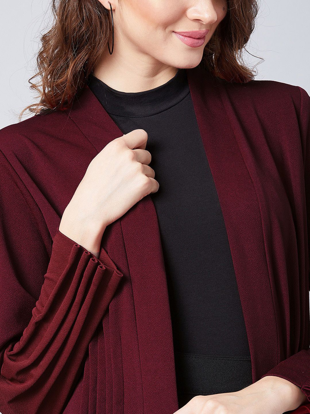 Athena Women Maroon Solid Open Front Shrug