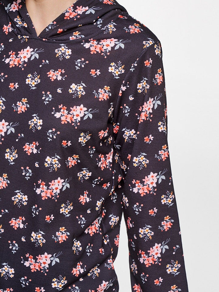 AND Women Black & Peach Floral Print T-Shirt