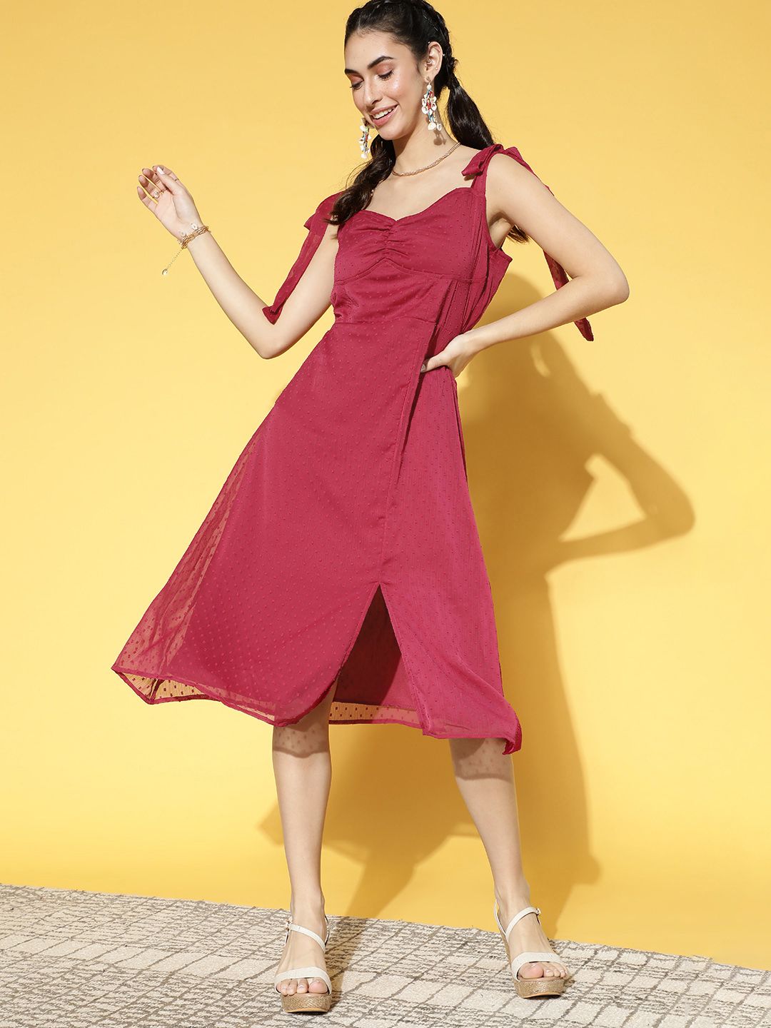 Athena Women Deep Burgundy Self-Design Volume Play Dress