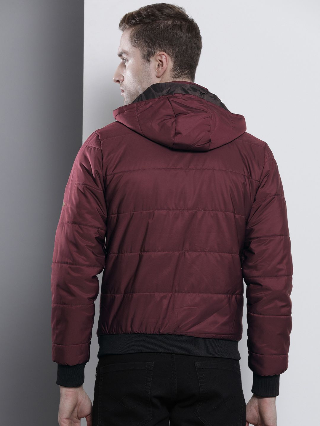 The Indian Garage Co Men Slim Fit Zip-Front Puffer Jacket with Hood