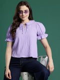 DressBerry Seersucker Tie-Up Neck Puff Sleeves Top