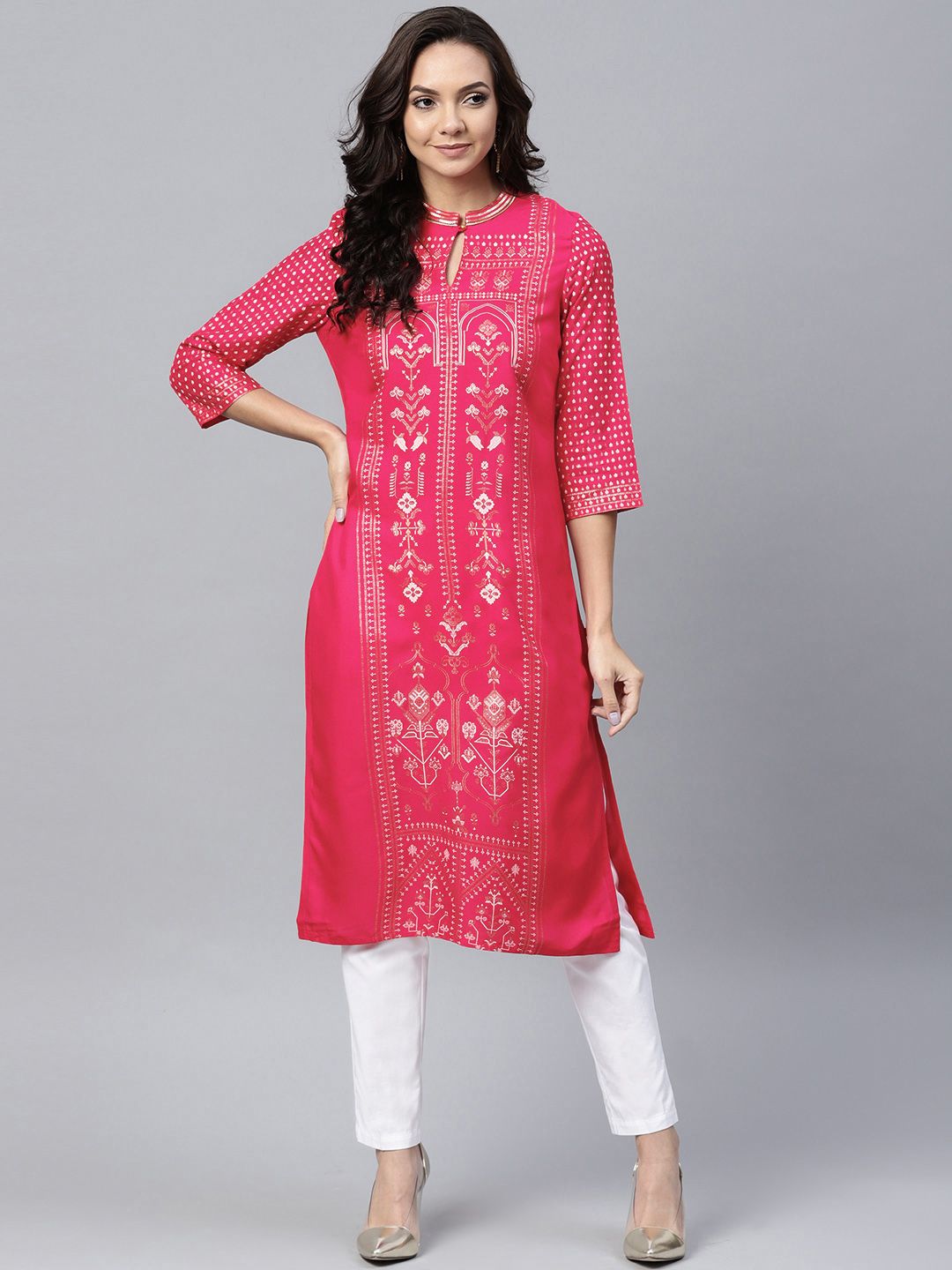 W Women Fuchsia & Golden Printed Straight Kurta