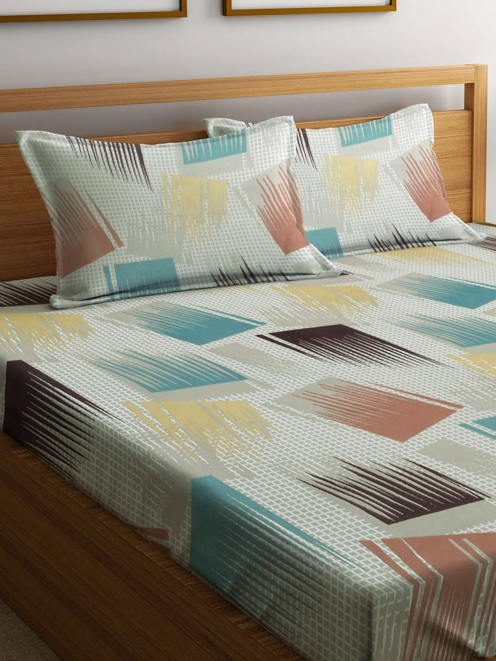 Myntra Elegant Homes Grey & Green Printed 300 TC Fitted King Bedsheet Set 2.45 x 2.25 m