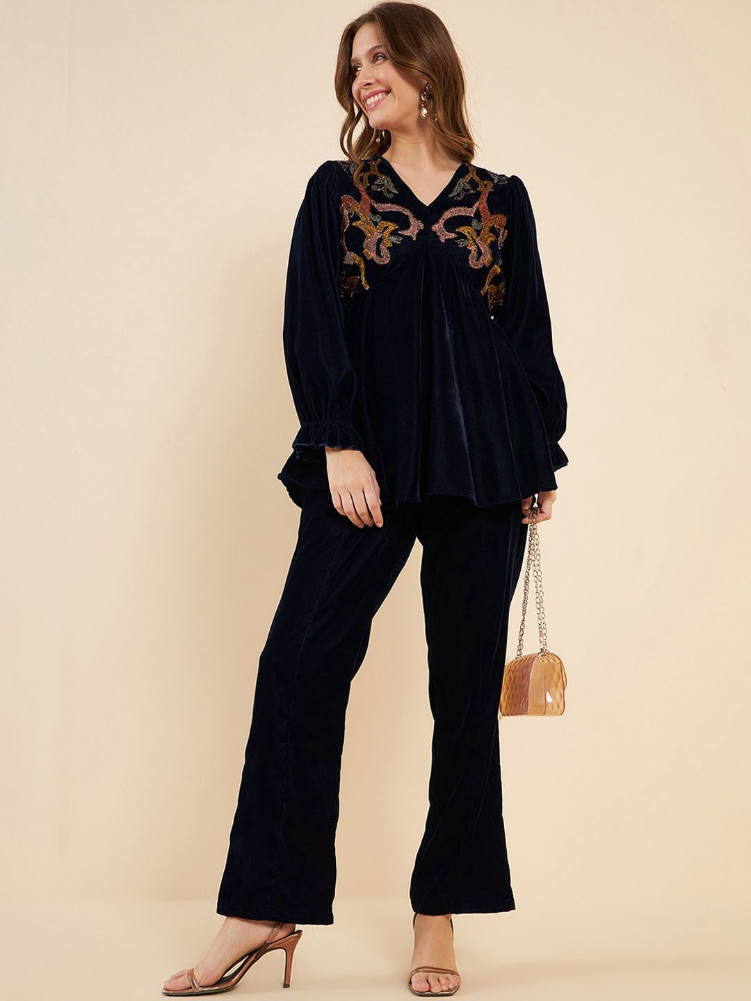 Antheaa Navy Blue Embroidered V-Neck Tunic With Trouser
