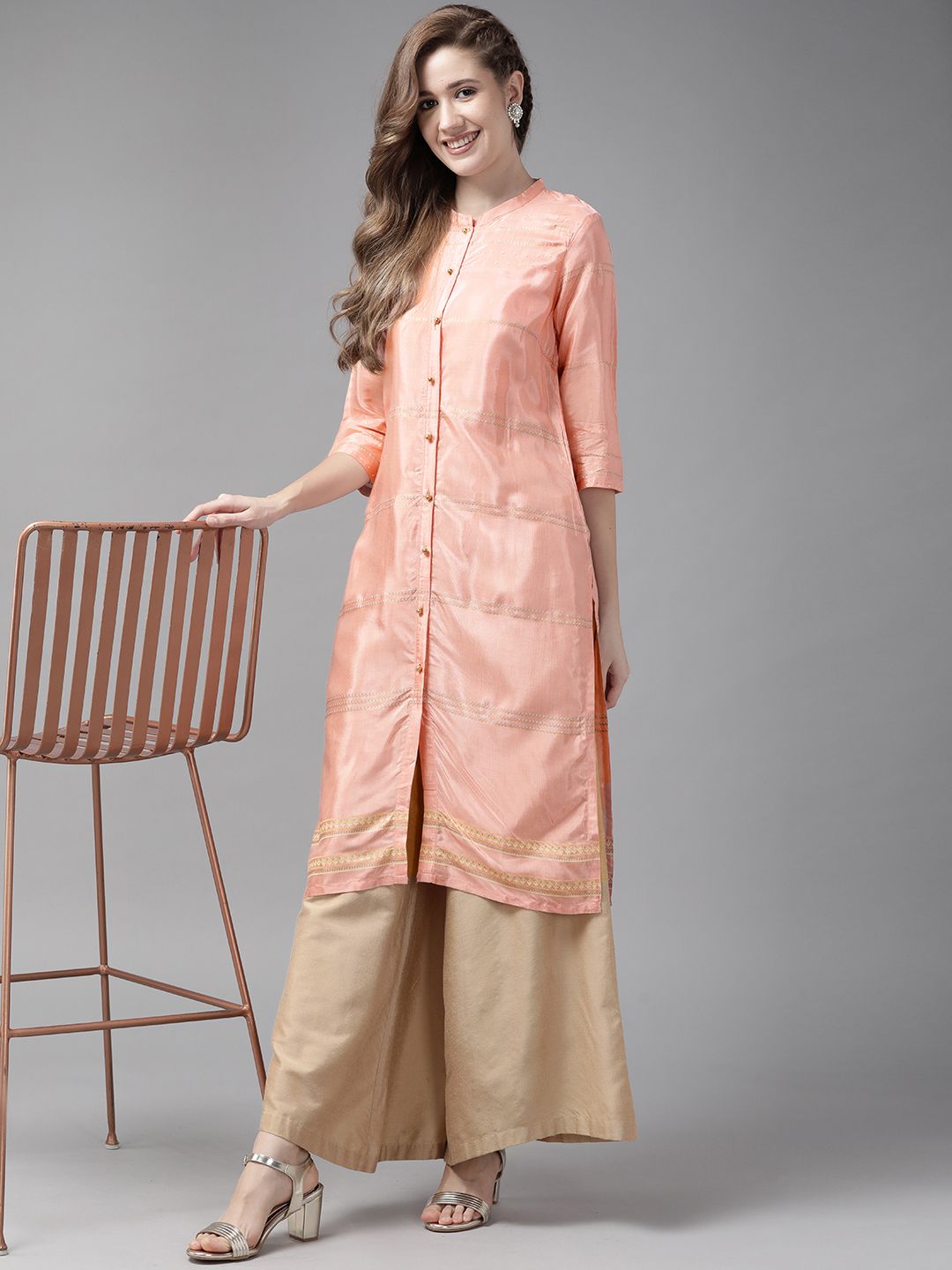 W Women Peach-Coloured Printed Straight Kurta