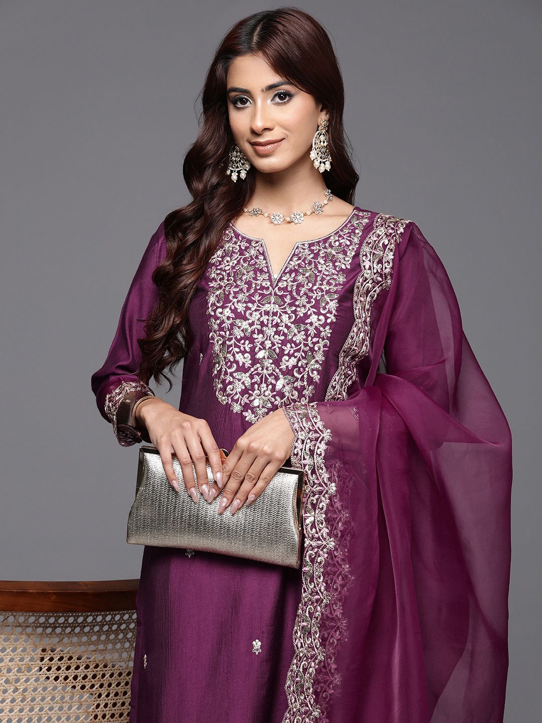 Indo Era Floral Embroidered Sequinned Liva Kurta with Trousers & Dupatta
