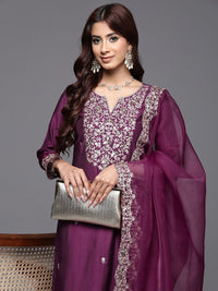 Indo Era Floral Embroidered Sequinned Liva Kurta with Trousers & Dupatta