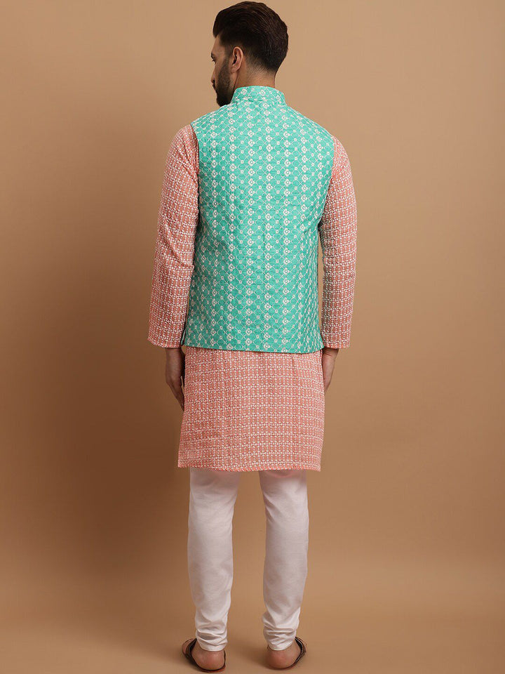 SOJANYA Men Floral Embroidered Regular Pure Cotton Kurta with Churidar