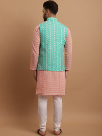 SOJANYA Men Floral Embroidered Regular Pure Cotton Kurta with Churidar
