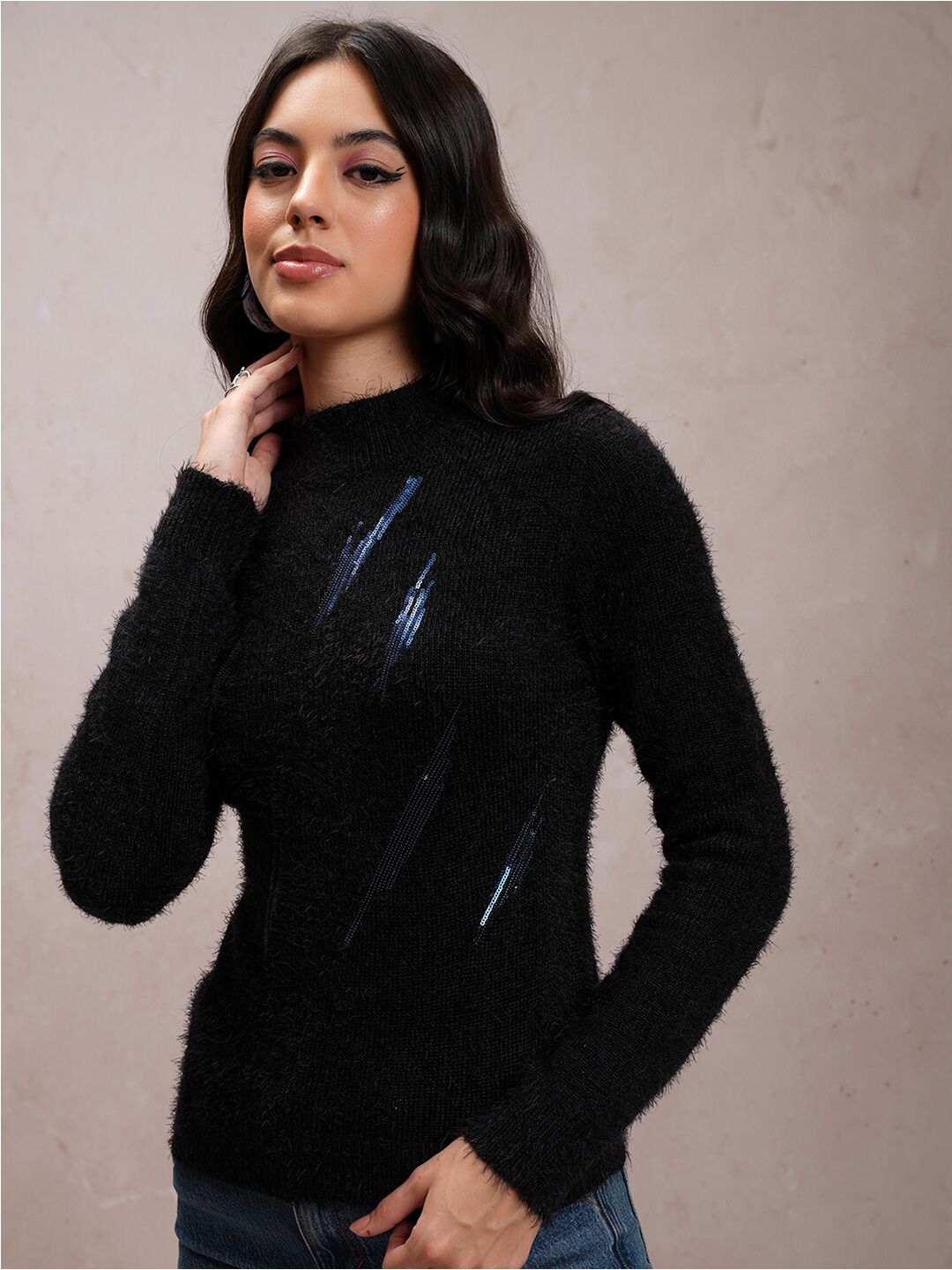 Tokyo Talkies Black Embellished High Neck Acrylic Pullover