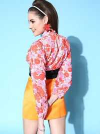 SASSAFRAS Pink & White Floral Print Keyhole Neck Georgette Crop Top
