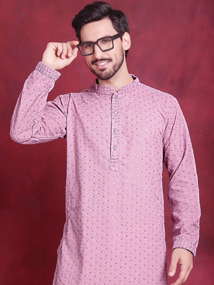 Jompers Floral Embroidered Sequinned Chikankari Pure Cotton Kurta