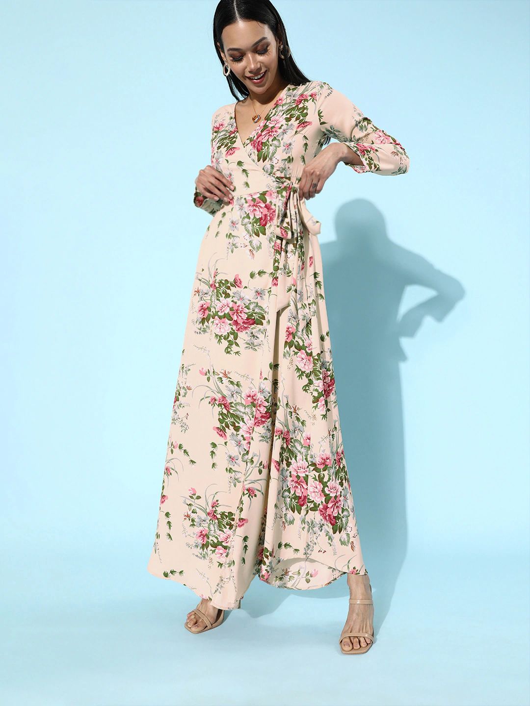 Berrylush Beige Floral Print Wrap Style Maxi Dress