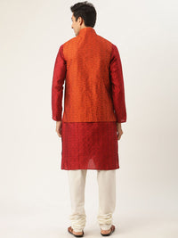SOJANYA Men Maroon Jacquard Silk Kurta with Churidar & Nehru Jacket