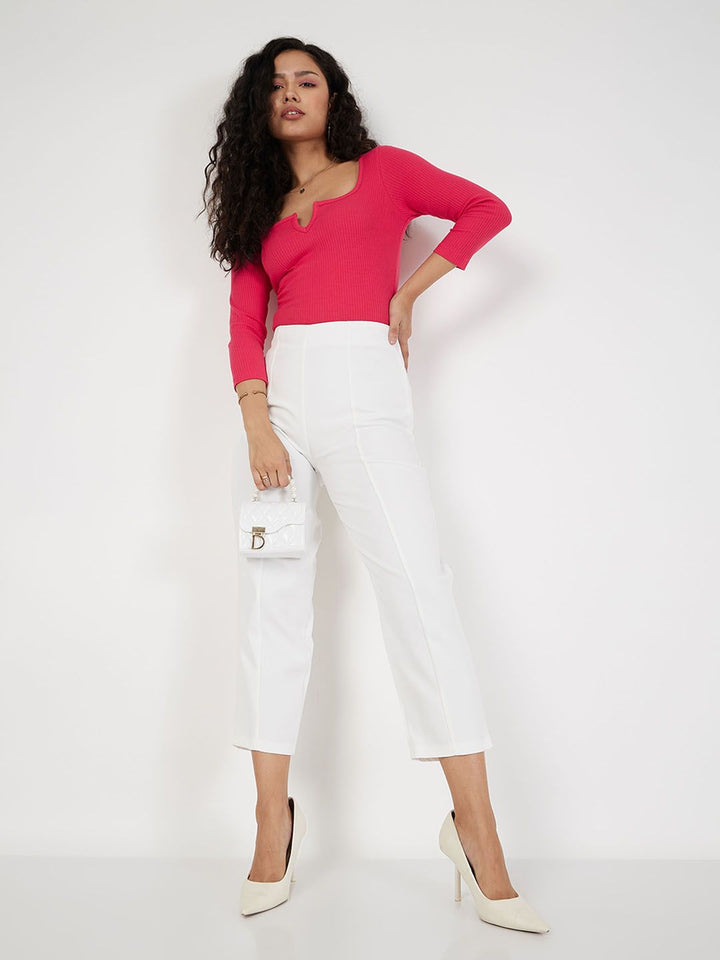 SASSAFRAS Red Ribbed Square Neck Fitted Top