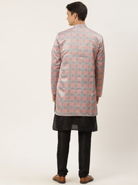 SOJANYA Men Black Solid Kurta with Churidar & Ethnic Jacket