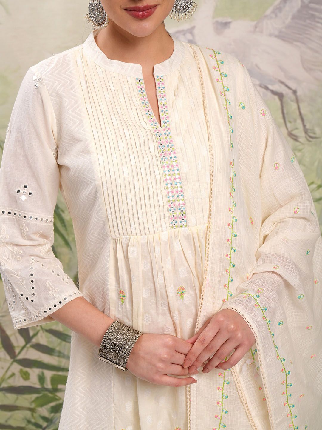 Vishudh Cream Coloured Mirror Work Pure Cotton A-Line Kurti With Trousers & Dupatta