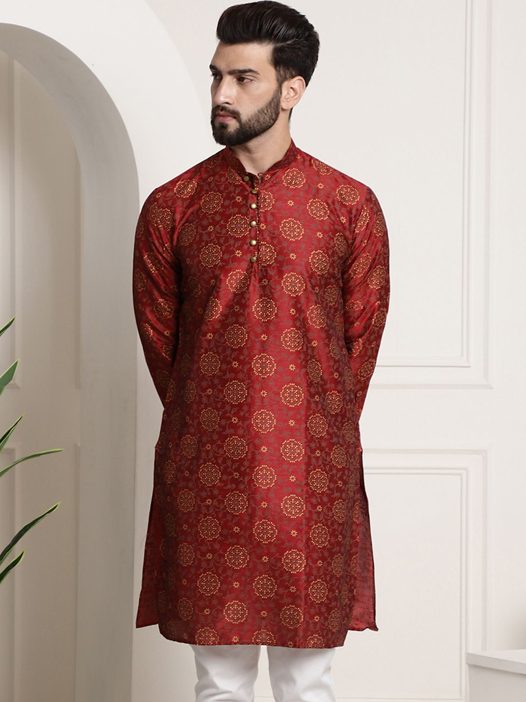 SOJANYA Men Maroon & Brown Ethnic Motifs Printed Kurta
