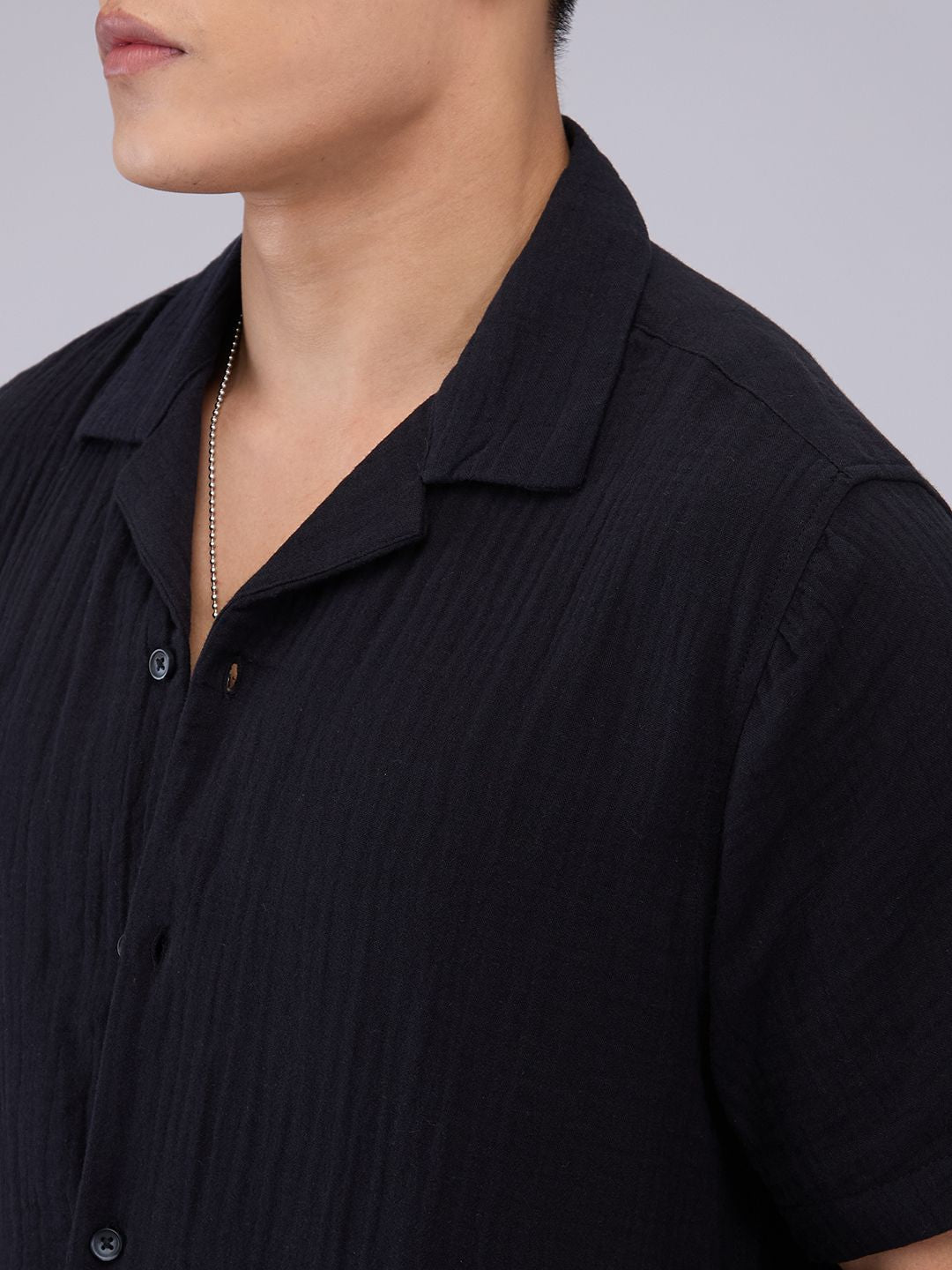 VASTRADO Men Classic Cuban Collar Textured Cotton Relaxed Fit Casual Shirt