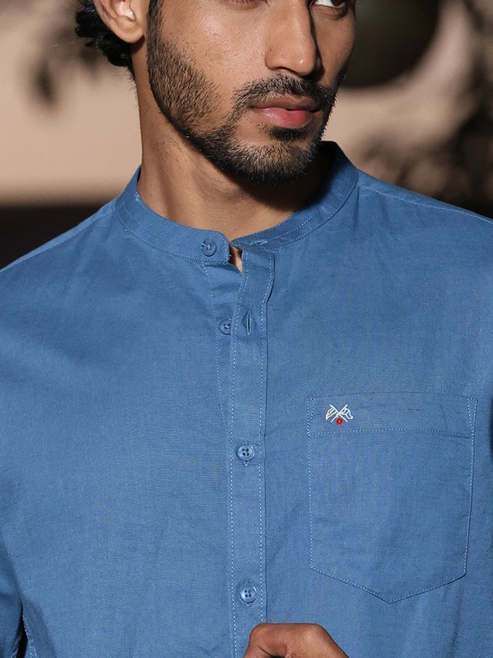 Thomas Scott Mandarin Collar Premium Cotton Linen Slim Fit Opaque Casual Shirt