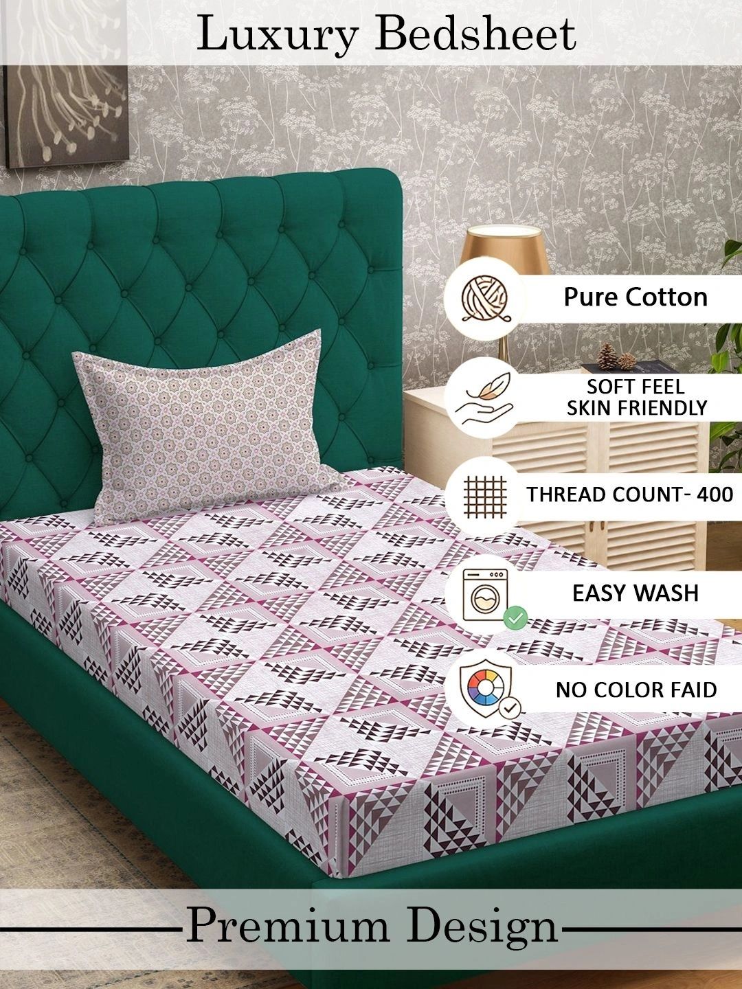 Myntra Elegant Homes Pink Geometric 400 TC Single Bedsheet with 1 Pillow Covers