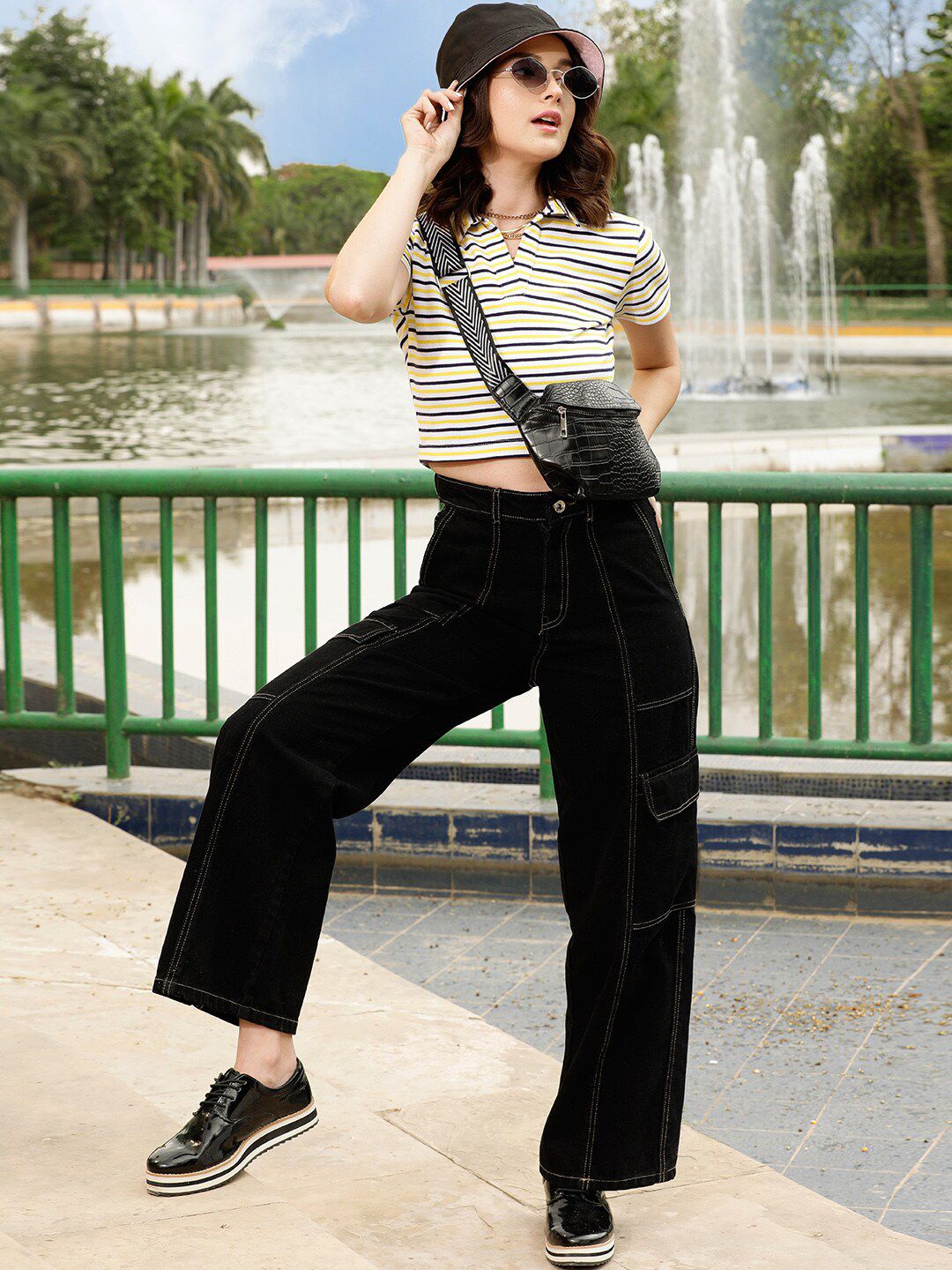 STREET 9 Women Black Relaxed Wide Leg High-Rise Pure Cotton Cargo Trousers