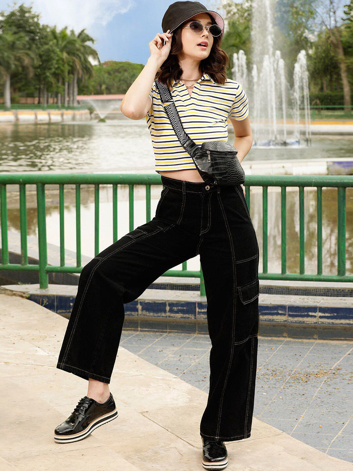 STREET 9 Women Black Relaxed Wide Leg High-Rise Pure Cotton Cargo Trousers