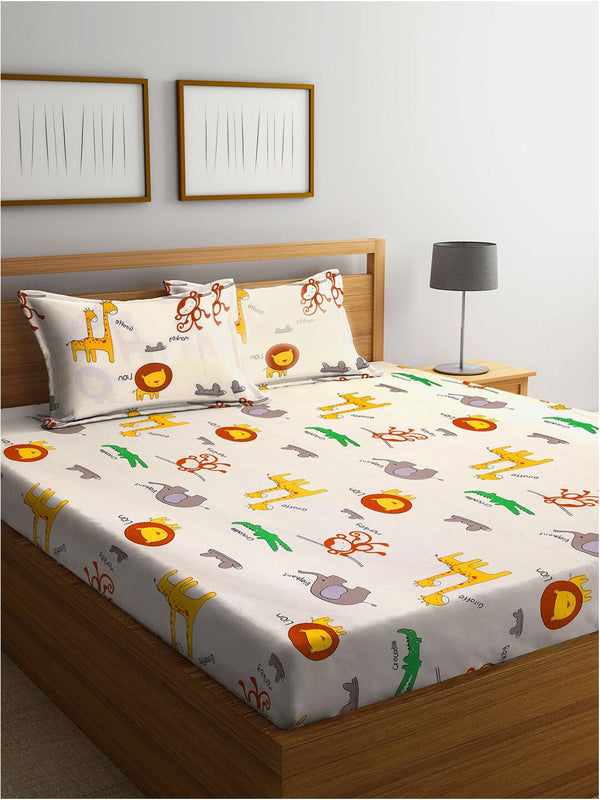 KLOTTHE Cartoon Print 300 TC Double King Bed Sheet with 2 Pillow Covers