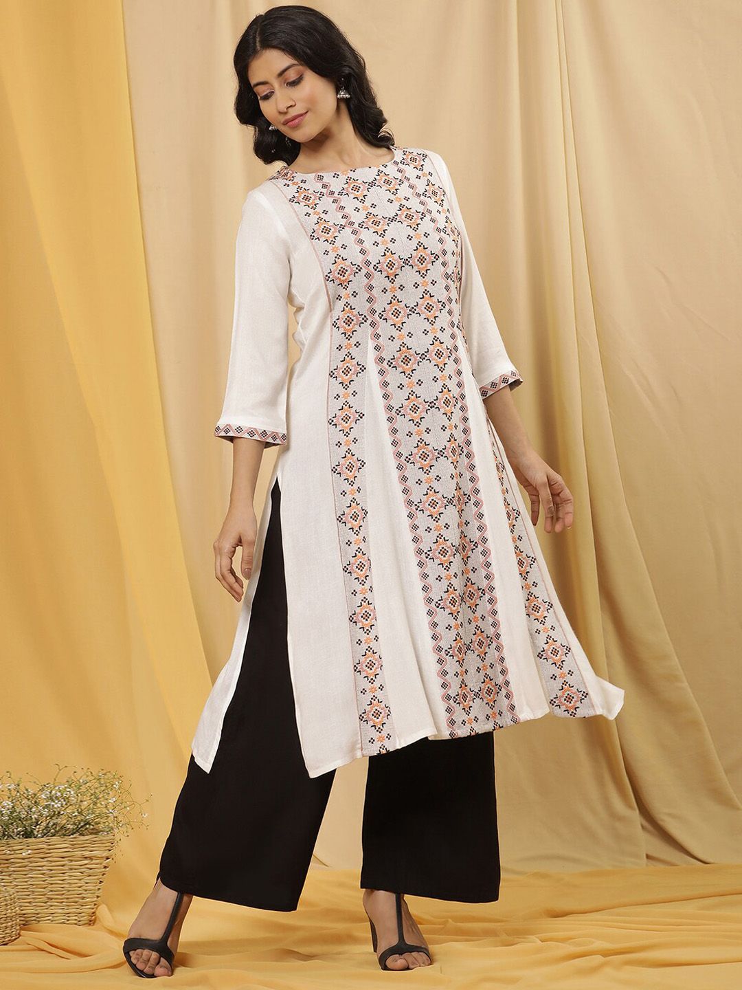 W Ethnic Motifs Embroidered Boat Neck Straight Kurta with Palazzo