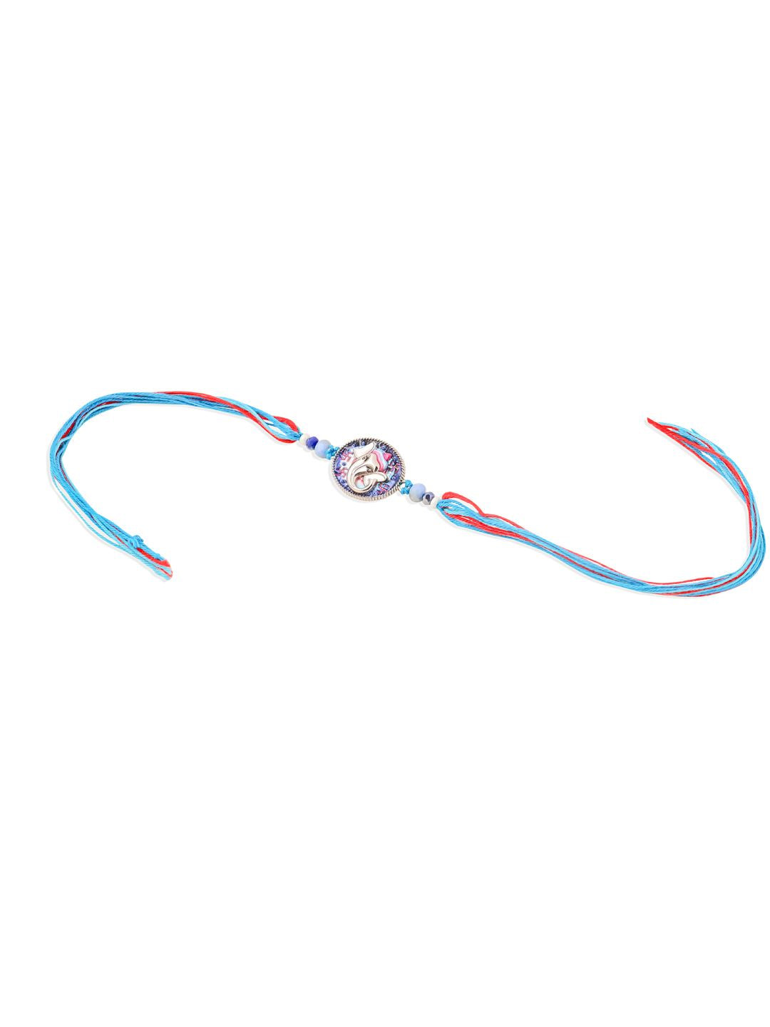 NVR Unisex Red & Blue Ganesh Ji Thread Rakhi With Roli Chawal