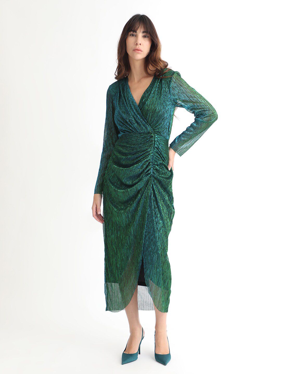 RAREISM V-Neck Long Sleeves Shimmer Wrap Midi Dress