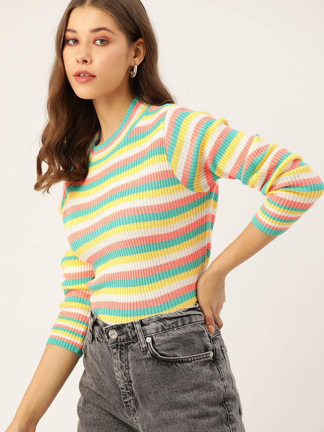 DressBerry Women Yellow & Green Striped Ribbed Pullover