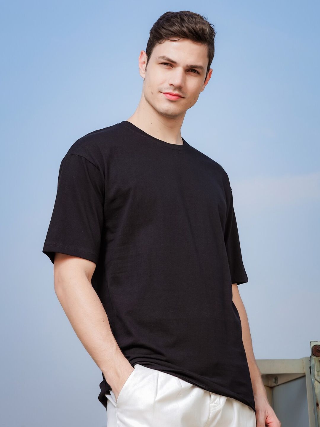ADRO Round Neck Drop-Shoulder Sleeves Oversized Pure Cotton T-shirt
