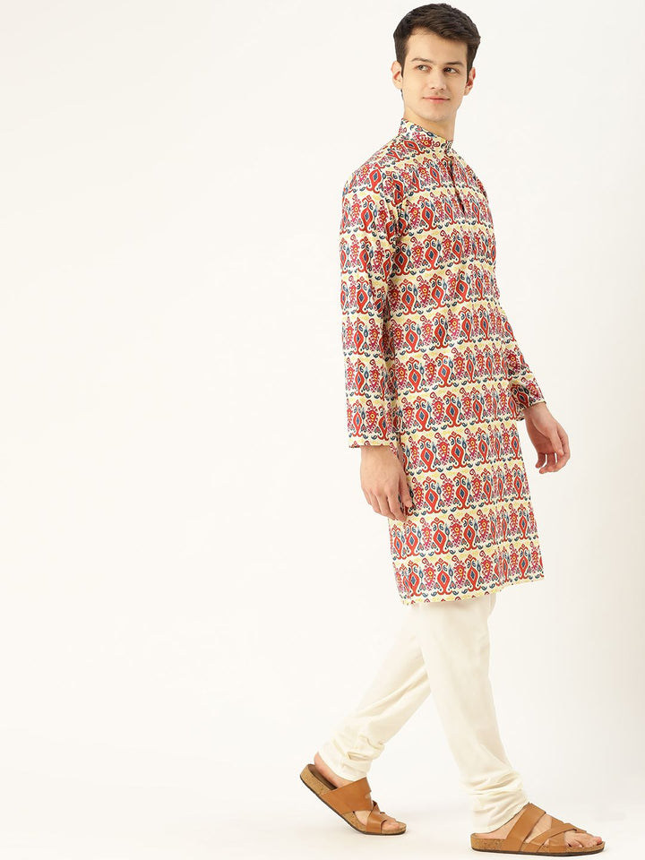 SOJANYA Lelaki Rust & Off-White Motif Etnik Cetak Kurta Lurus