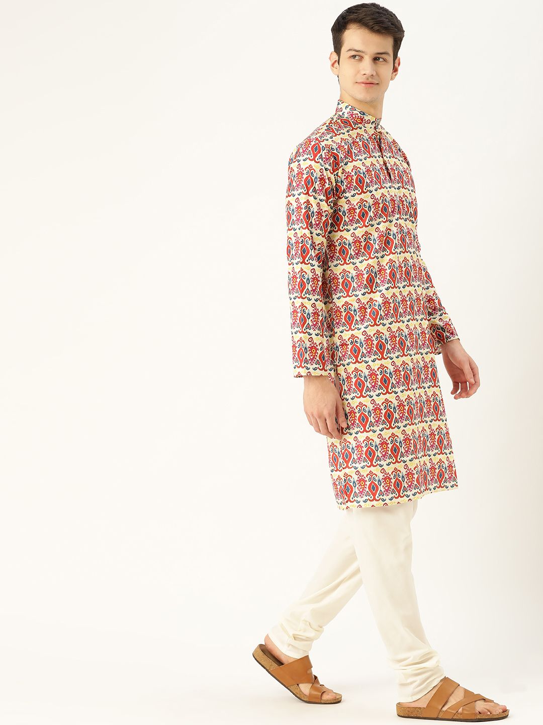 SOJANYA Lelaki Rust & Off-White Motif Etnik Cetak Kurta Lurus