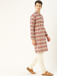 SOJANYA Lelaki Rust & Off-White Motif Etnik Cetak Kurta Lurus