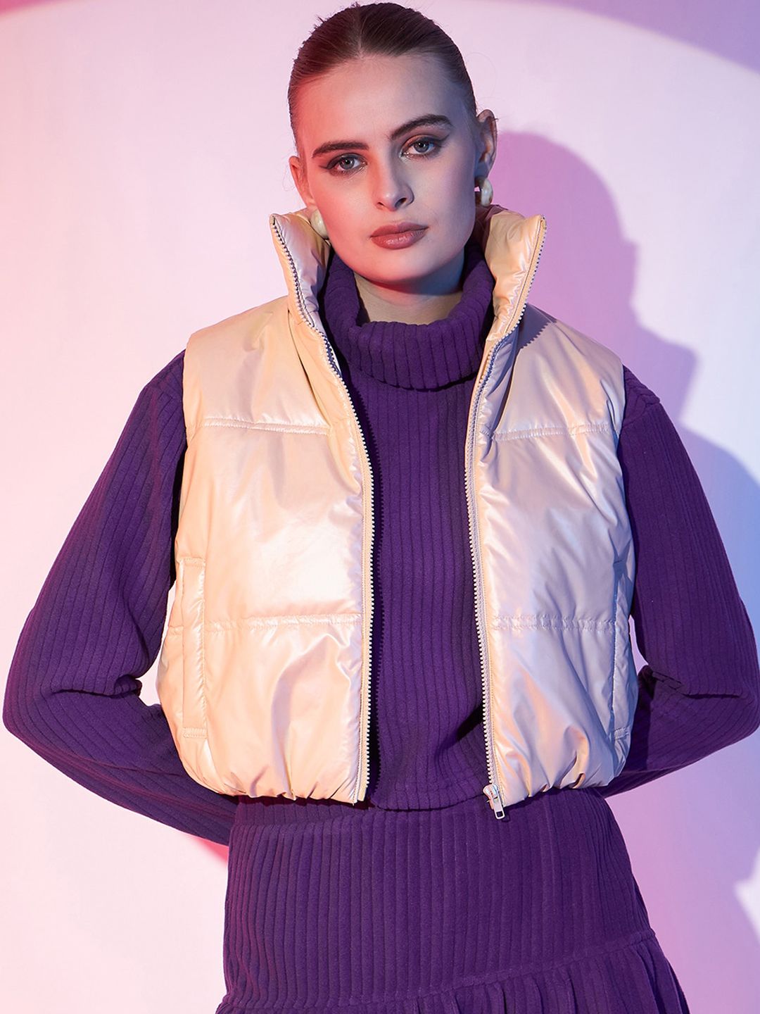 STREET 9 Stand Collar Sleeveless Crop Padded Jacket