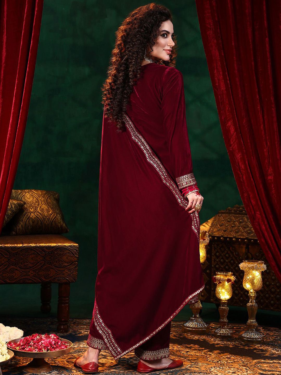 Libas Ethnic Motifs Embroidered Straight Sequinned Velvet Kurta with Trousers & Dupatta
