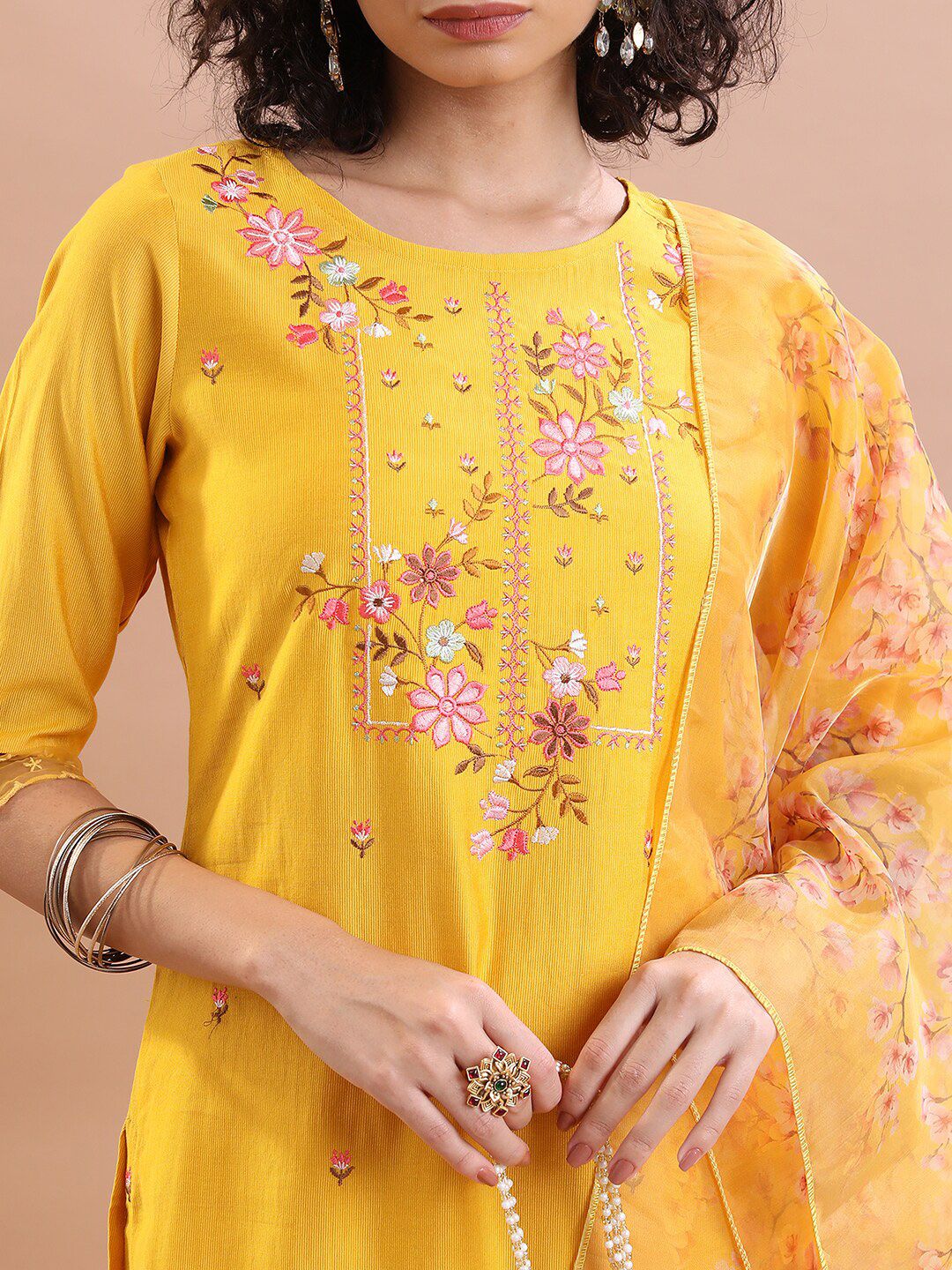 Vishudh Floral Embroidered Thread Work Kurta With Trousers & Dupatta