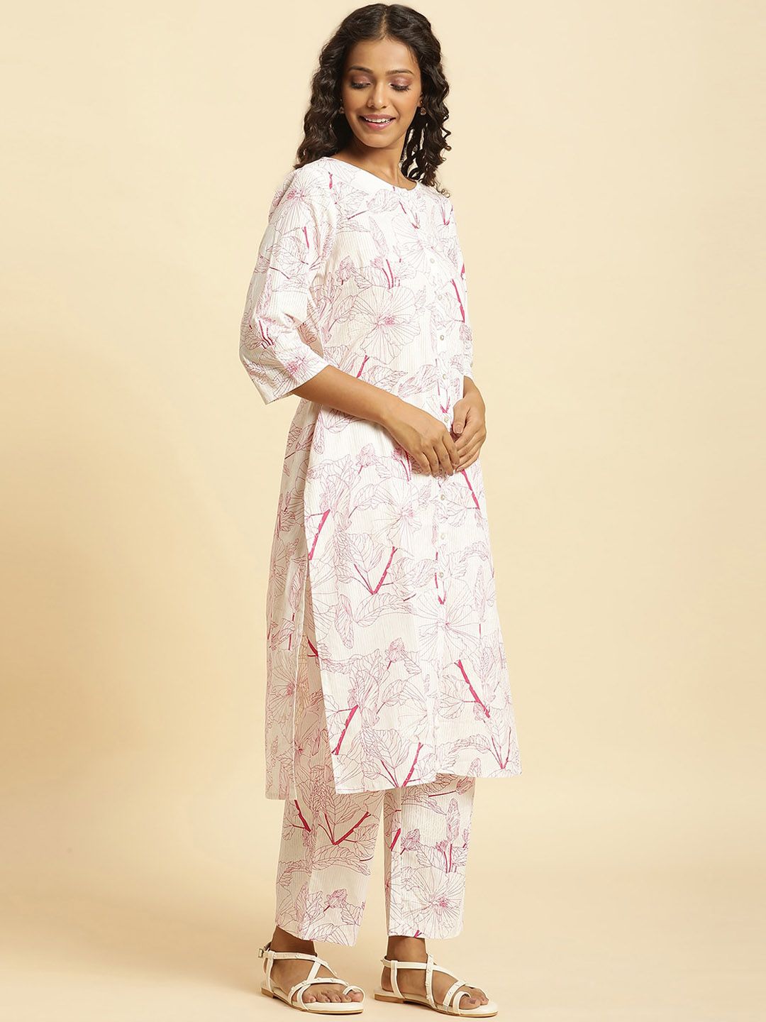 W Floral Printed Pure Cotton Kurta With Trousers