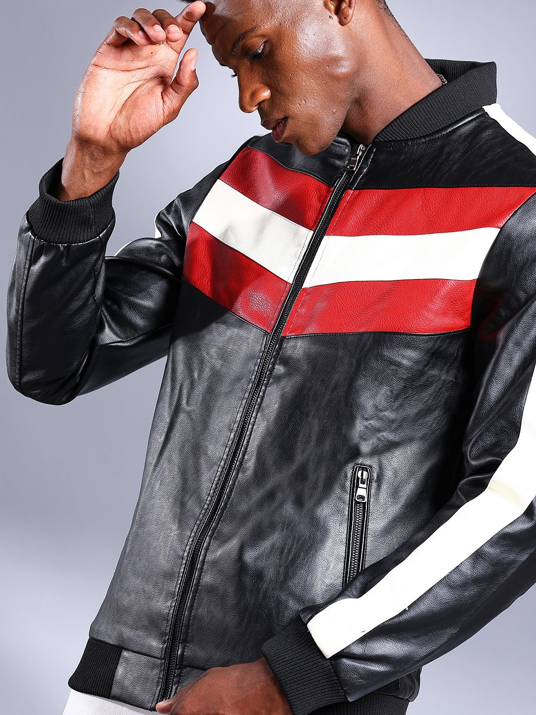 The Indian Garage Co Men Colourblock Slim Fit Zip-Front Faux Biker Jacket