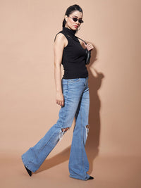 SASSAFRAS BASICS Ribbed Turtle Neck Sleeveless Cut Outs Cotton Fitted Top