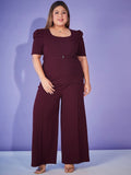 SASSAFRAS Curve Burgundy Plus Size Self-Design Top Wit Trouser Co-Ords