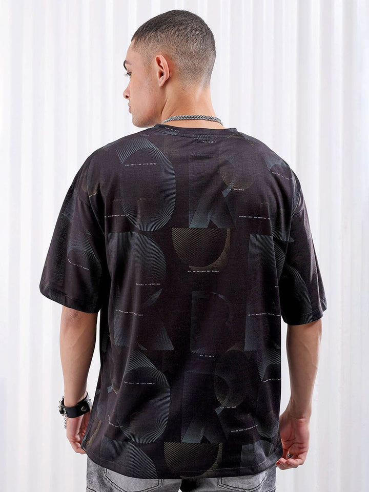 The Indian Garage Co Black Graphic Printed Drop Shoulder Sleeves Oversized T-shirt